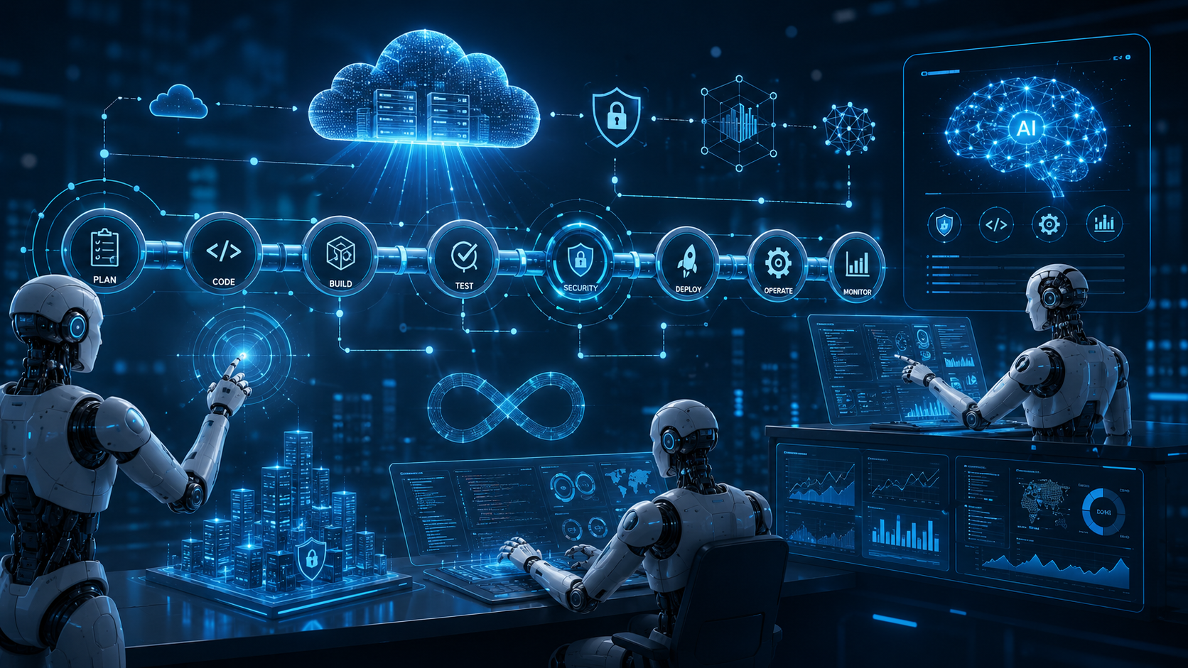 Ilustración tridimensional de un ecosistema conectado de software, datos, seguridad e inteligencia artificial